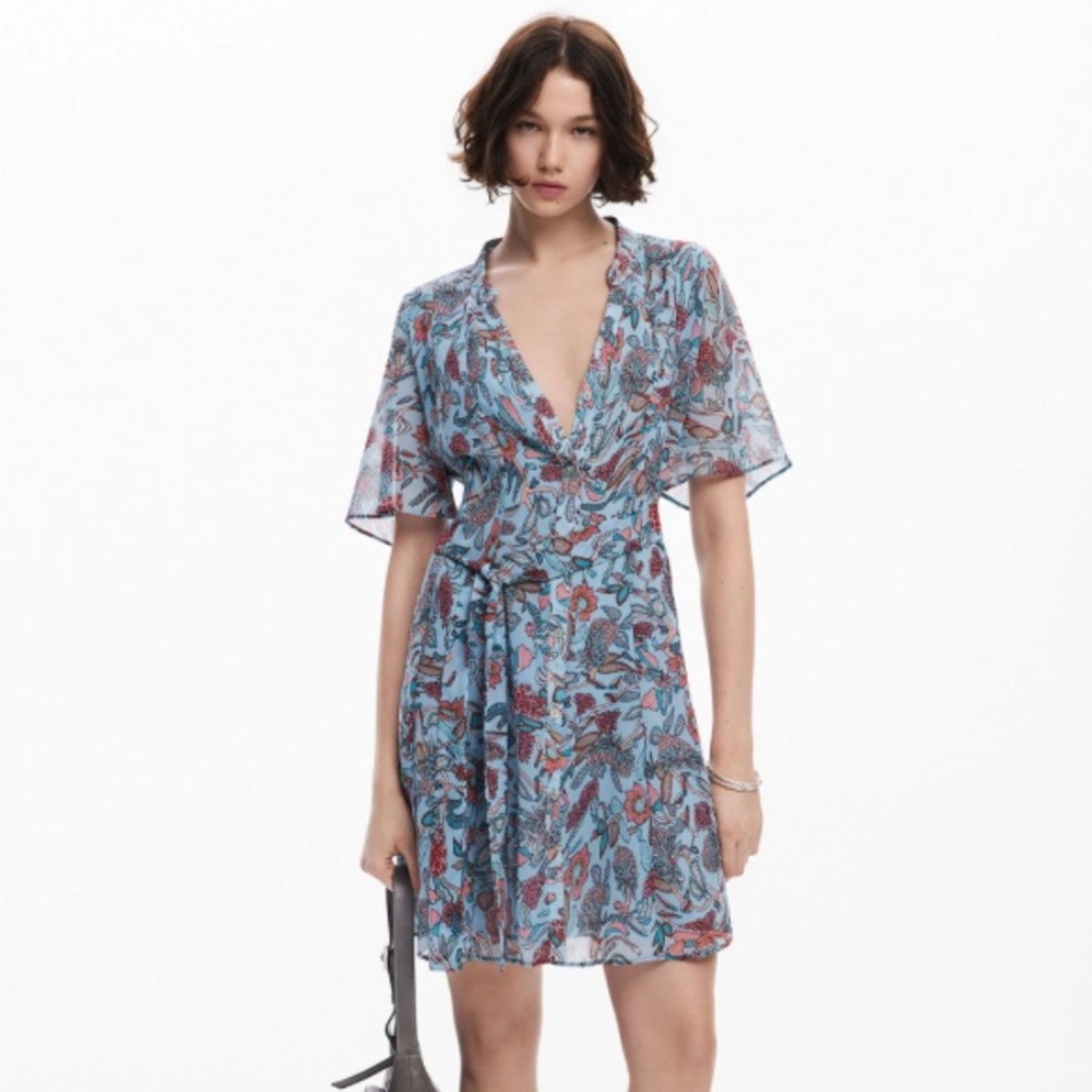 NEW Desigual Floral Print Button Front Short Sleeve Midi Dress Light Blue